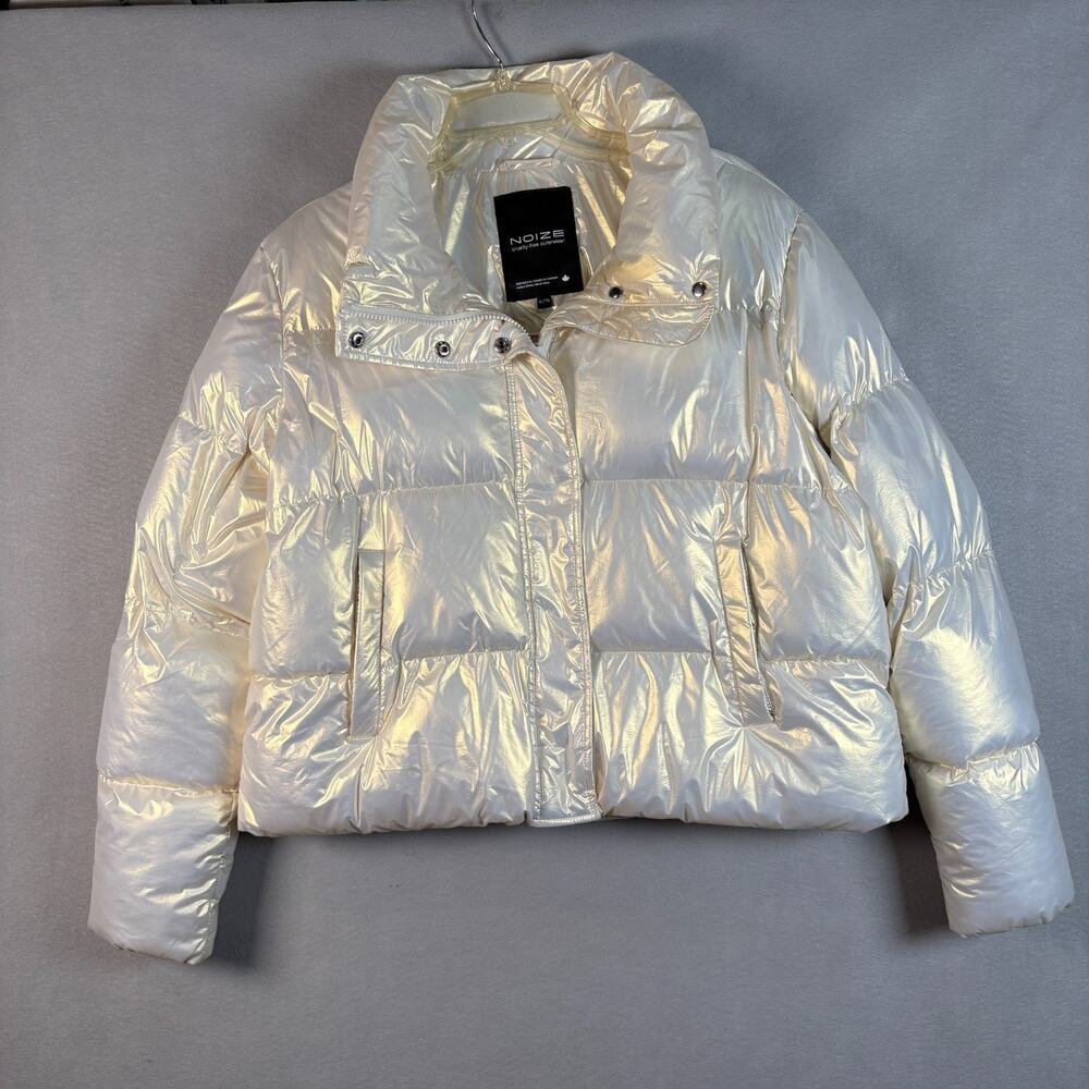 Noize Coco Pearl Metallic Cropped Puffer Jacket Snap Collar Women's Size XL